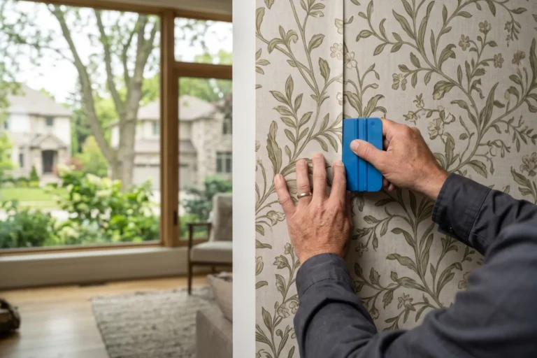 Installer pressing a wallpaper seam flat with a smoothing tool