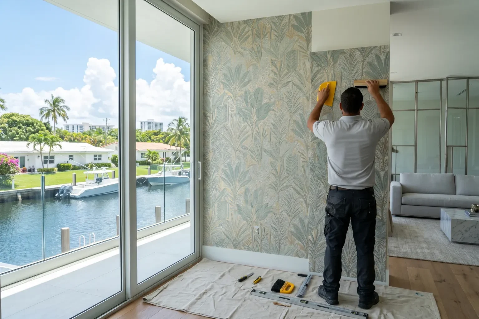 Installer smoothing a new panel of patterned wallpaper on a living room wall